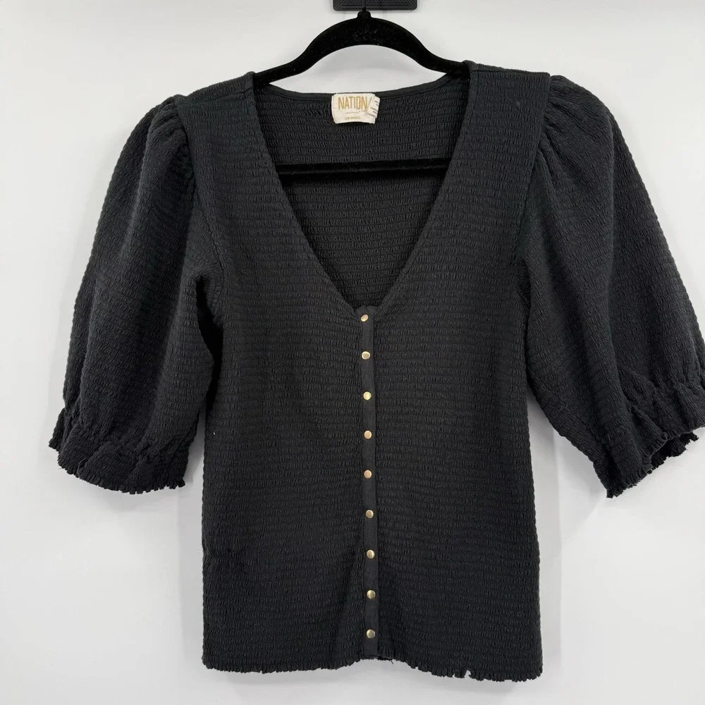 NATION LTD Tunic Shirt Top Womens M Black Puff Sleeve Button-Up Stretch
